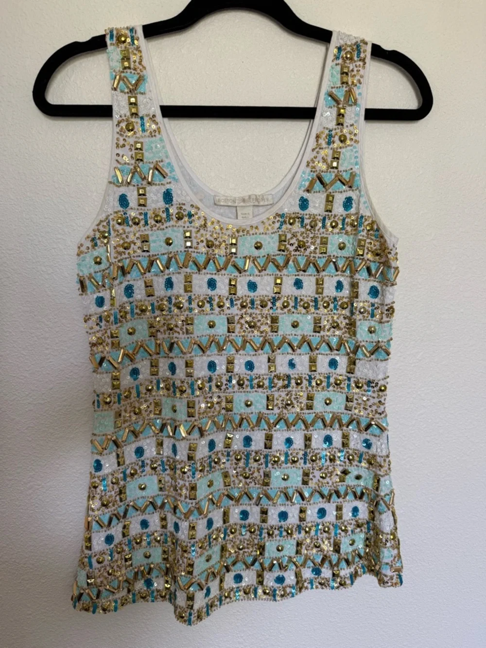 Boston Proper Beaded Sequin Tank Top Gold Aqua Resort Luxe Yacht Club Glam Sz S - Picture 4 of 7